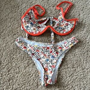 Floral Bikini Set with Red Trim